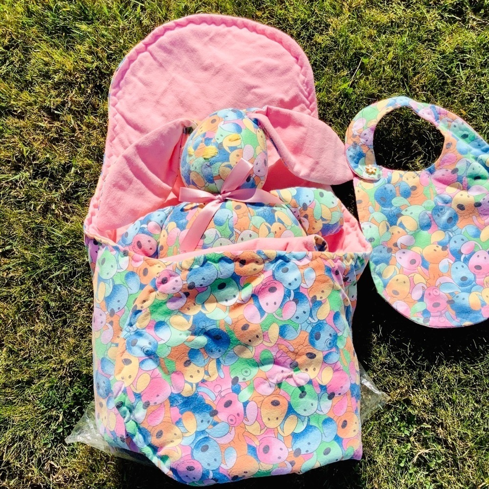 Handcrafted Baby Blanket, bib, Bunny Bundle NEW